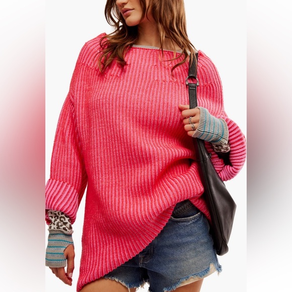 NWT Free People Boat Neck Tunic Sweater Medium BLOSSOM GLOW COMBO - Picture 5 of 12